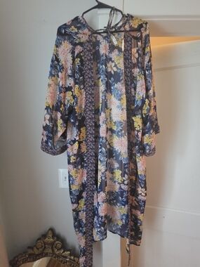 Floral Satin Kimono Robe in Navy with Pink & Yellow Blooms